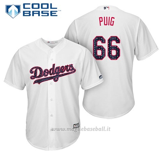 Maglia Baseball Uomo Los Angeles Dodgers 2017 Estrellas y Rayas Yasiel Puig Bianco Cool Base
